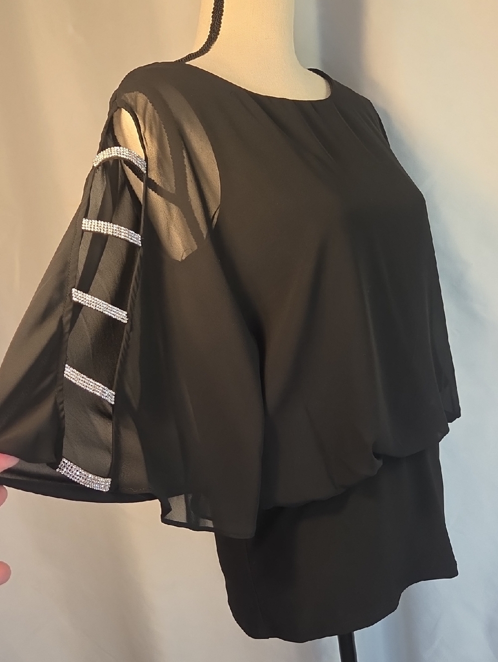 MSK Black Sheer Open-Sleeve Blouse with Rhinestone Stripes